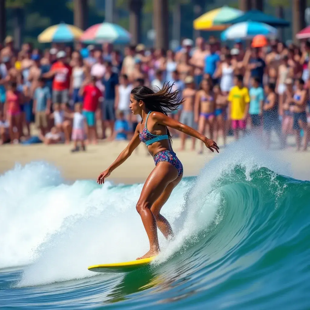 Zachód słońca nad plażą w Santa Monica, z palmami i falami oceanu w tle.