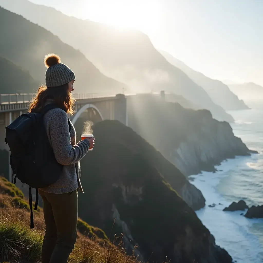 Turysta podziwiający widok z klifów w Joshua Tree, z kaktusami i skałami w tle.
