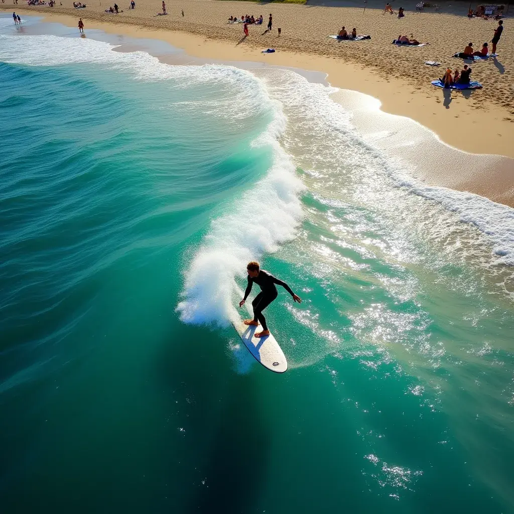 Zielony park wzdłuż plaży, z ludźmi odpoczywającymi na trawie.